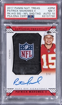 2017 Panini National Treasures Rookie Hats Off Signatures #2PM Patrick Mahomes II Signed NFL Shield Rookie Card (#2/3) - PSA NM 7, PSA/DNA 10